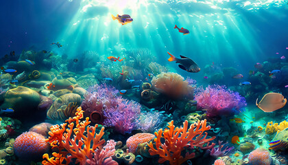 Enchanting Underwater Coral Reef with Colorful Fish and Marine Creatures - Generative AI