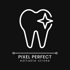 Obraz premium Tooth pixel perfect white linear icon for dark theme. Dental care and hygiene. Grinding teeth. Healthy molar. Thin line illustration. Isolated symbol for night mode. Editable stroke. Poppins font used