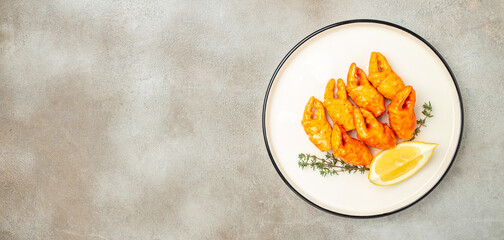 Crab sticks surimi on a light background, Long banner format. top view © Надія Коваль