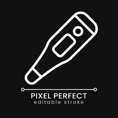 Electronic thermometer pixel perfect white linear icon for dark theme. Temperature measurement tool. Thin line illustration. Isolated symbol for night mode. Editable stroke. Poppins font used