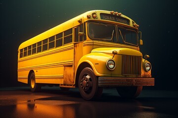 Fototapeta na wymiar Yellow school bus illustration on colored background. Generative AI