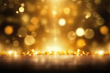 Holiday sparkle. Premium shiny gold effect decoration abstract design bokeh black blurred background Generative AI illustrations