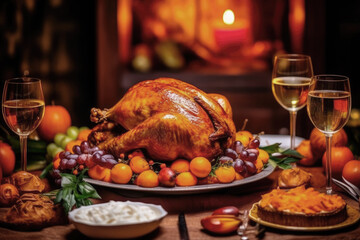 thanksgiving dinner with roasted turkey and candles. autumnal or christmas decoration - obrazy, fototapety, plakaty