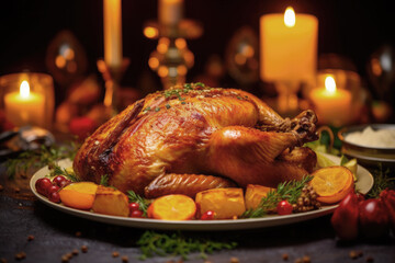 thanksgiving dinner with roasted turkey and candles. autumnal or christmas decoration
