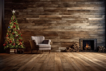 rustic interior with christmas tree, fireplace, lounge armchair, wall panels, wood floor mockup. Copy space