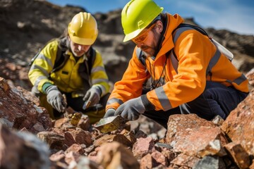 Geologists examining rock samples or using specialized equipment to analyze the geological composition of a mining site, emphasizing the scientific aspect of mining. Generative AI - obrazy, fototapety, plakaty