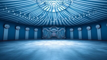 A circus background with colors blue and white with space to promote products and events. Generative ai.