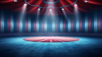 A circus background with colors white, blue and red with space to promote products and events. Generative ai.