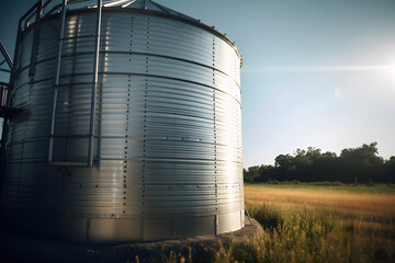 Obraz premium Shiny large metal grain bin in the rye field. Generative AI