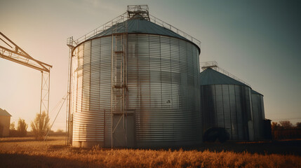 Majestic Metal Grain Bin in the Rye Field. Generative AI