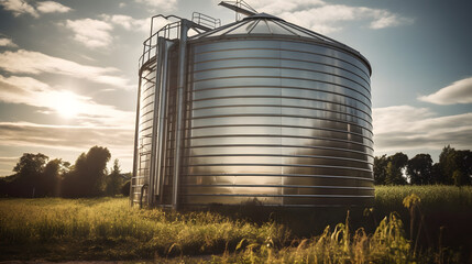 Majestic Metal Grain Bin in the Rye Field. Generative AI