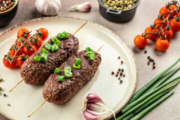 Minced Lula kebab grilled, Restaurant menu, dieting, cookbook recipe top view