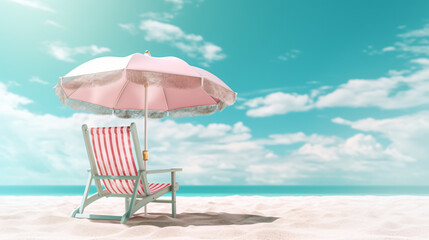 Beach summer Outdoor Beach chair sunglasses with umbrella sunny day sky with clouds amazing blue ocean sea island - obrazy, fototapety, plakaty