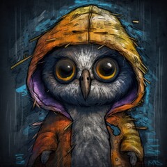 Cute emo monster owl animal illustration, charcoal hand draw, generative ai poster wall art - obrazy, fototapety, plakaty