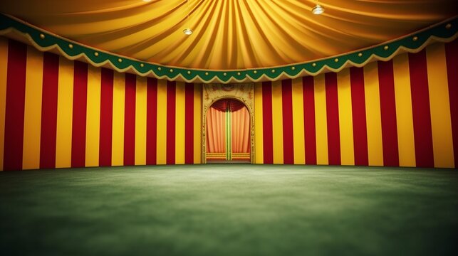 A circus background with colors yellow, green and red with space to promote products and events. Generative ai.