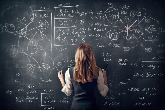 Student girl solving a complex mathematical equation on a giant chalkboard, with mathematical formulas