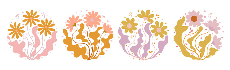 Contemporary organic naive flowers posters. Abstract collage set Matisse inspired with scribbles curves. geometric minimalist algae silhouette composition in a retro hippie 60s 70s style.