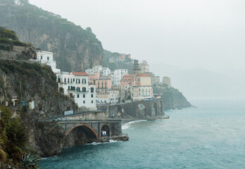 Fototapeta na wymiar Amalfi coast landcape with fog and rain moody weather Italy