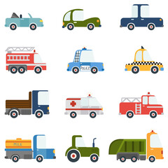 A set of cartoon vehicles for children's design. Vector on a white background