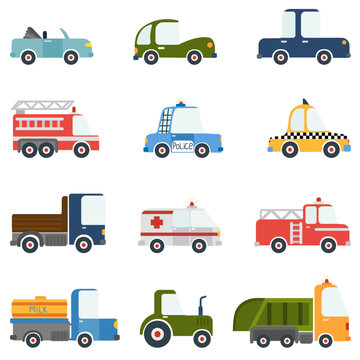 A set of cartoon vehicles for children's design. Vector on a white background