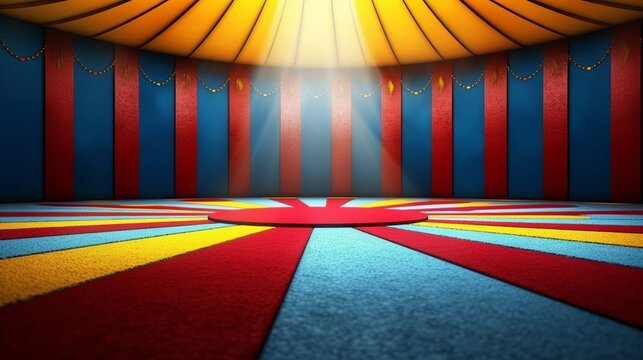 A circus background with colors yellow, blue and red with space to promote products or events. Generative ai.