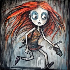 Cute emo monster girl animal illustration, charcoal hand draw, generative ai poster wall art