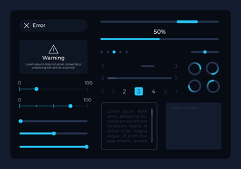 Control UI elements kit. Loading process. Editable isolated vector components. Navigation. Web design widget pack for mobile app, software with dark theme. Montserrat Light, Medium, Bold fonts used