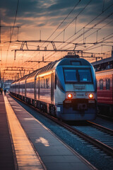 Fototapeta premium High train on the railway station at sunset. modern passenger train on railway platform. generative ai, ai generative