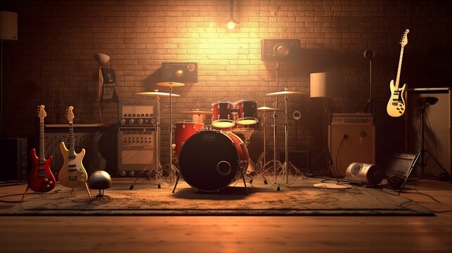 A rock band setup room with instruments. With space to promote events. Generative ai.
