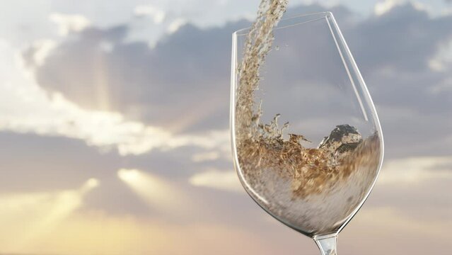 Tasting white wine at warm summer sunset. Wine pouring into glass in slow motion