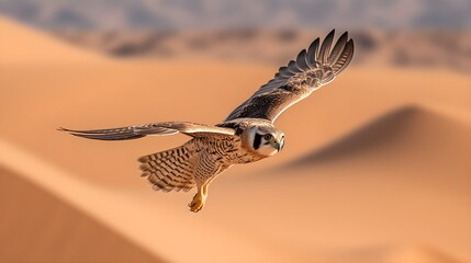 A majestic falcon roaming a vast desert landscape. Created with Generative AI Technology