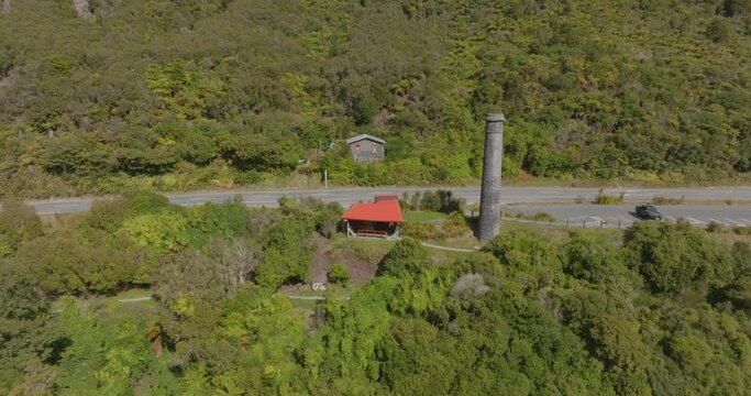 Aerial: Brunner Mine historical coal mine, Greymouth, New Zealand