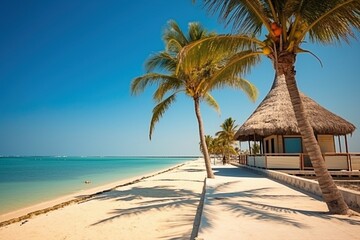 Tranquil Sandy Beach with Palm Trees, Thatched Umbrella, and Hut by the Clear Blue Water
