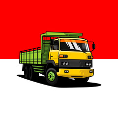 indonesian old cargo truck vector on red white flag background. used for illustration design and t-shirt design