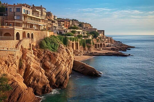Scenic Coastal Area with Rocky Cliff, Houses, and Ocean View
