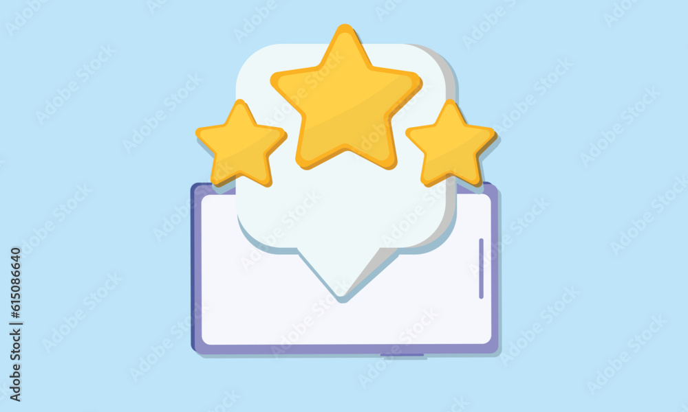 Poster phone with customer feedback with three star rating on the screen. positive user reviews.