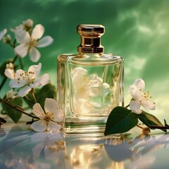 Dreamy Jasmine Perfume Bottle with Realistic Photo Level and Gentle Bright Light Style
