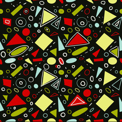 Abstract seamless geometric doodle textile print with colorful geometric figures. Fabric pattern with triangle, circles,  vector, hand drawing