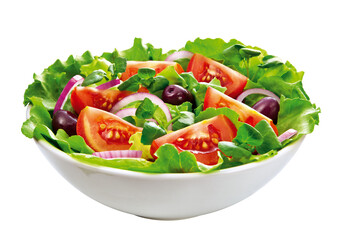 Tigela com salada de folhas verdes, cebola, tomate, azeitona, alface e rúcula isolado em fundo...