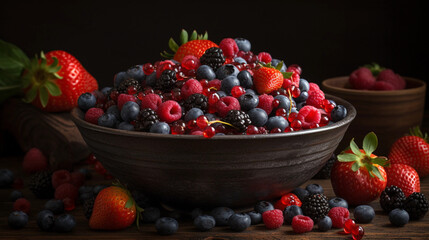 A bowl of vibrant mixed berries, including strawberries, blueberries, and raspberries
