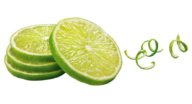 conjunto de fatias de limão verde acompanhado de raspa de limão isolado em fundo transparente
