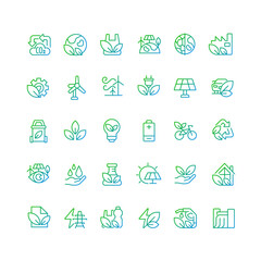 Ecology pixel perfect gradient linear vector icons set. Nature protection. Sustainable energy sources. Thin line contour symbol designs bundle. Isolated outline illustrations collection