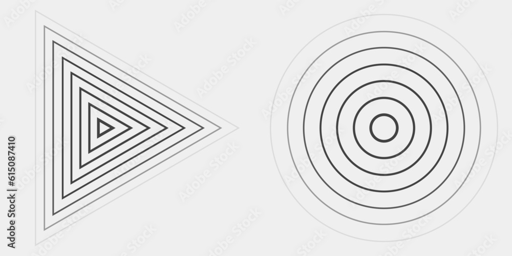 Poster abstract black concentric, hypnotic circle and triangle elements isolated on a light background. col