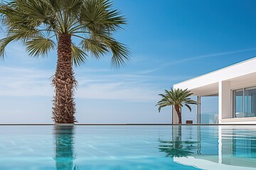 Serene Swimming Pool with Crystal Blue Water and Palm Trees in Front of Modern House