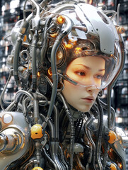 android woman in biorobot factory, Generative AI