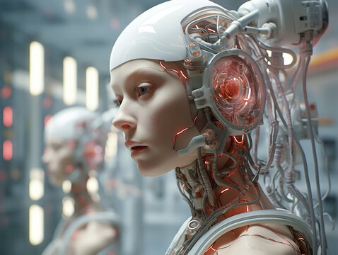 android woman in biorobot factory, Generative AI