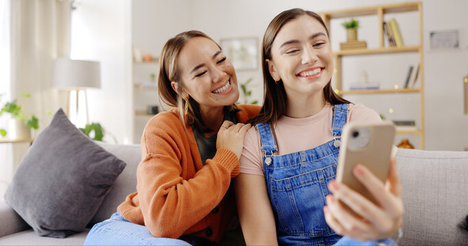 Selfie, smile and women or friends on sofa for social media, influencer content creation or digital memory and emoji face. Young, gen z people in profile picture, online photography and relax at home