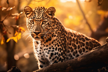 a leopard sits by a tree branch in the sun in the forest, Generative AI