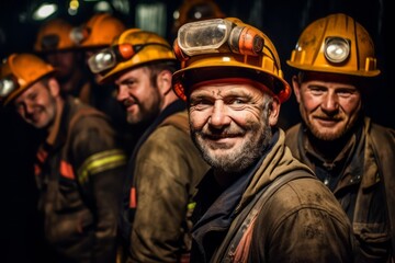 A group of miners collaborating and working together in a dark underground tunnel, representing the importance of teamwork and camaraderie in the mining industry. Generative Ai