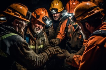 A group of miners collaborating and working together in a dark underground tunnel, representing the importance of teamwork and camaraderie in the mining industry. Generative Ai